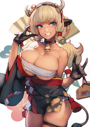  absurdres animal_ears aqua_eyes ataruman bare_shoulders bell black_collar black_gloves blonde_hair blunt_bangs breasts chest_sarashi chinese_zodiac cleavage collar collarbone commentary_request cow_ears cow_girl cow_horns cow_tail cowbell cowboy_shot dark-skinned_female dark_skin ear_tag ema female gloves hair_bell hair_ornament highres horns jingle_bell large_breasts looking_at_viewer neck_bell original parted_lips sarashi smile solo tail thigh_strap twintails v year_of_the_ox 