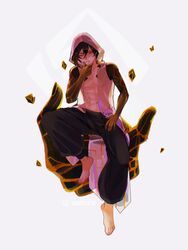  1boy abs absurdres aoitorix arm_tattoo baggy_pants bare_shoulders barefoot black_hair brown_hair cloak feet floating floating_rock genshin_impact giant_hand hair_between_eyes hand_on_own_chin hand_on_own_thigh highres hood hood_up hooded_cloak looking_at_viewer male_focus midriff multicolored_hair official_alternate_costume one_eye_closed pants pectorals simple_background sitting sitting_on_hand sleeveless solo tattoo toned toned_male white_background yellow_eyes zhongli_(archon)_(genshin_impact) zhongli_(genshin_impact) 