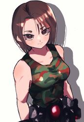  absurdres bababaeki00 bare_shoulders blush brown_eyes brown_hair camouflage camouflage_tank_top female gloves highres justice_gakuen kazama_akira looking_at_viewer solo street_fighter street_fighter_v tank_top 