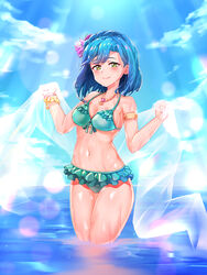  aqua_bikini bikini blue_hair blue_sky blush braid breasts cloud cloudy_sky female flower frilled_bikini frills hair_flower hair_ornament highres idolmaster idolmaster_million_live! idolmaster_million_live!_theater_days jewelry lens_flare lens_flare_abuse looking_at_viewer medium_breasts nanao_yuriko navel necklace ocean partially_submerged shell shell_necklace short_hair sky smile solo swimsuit wading wet yahankkwo yellow_eyes 