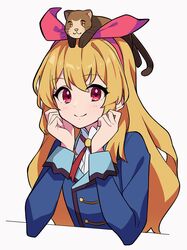  aikatsu! aikatsu!_(series) animal_on_head arm_rest blonde_hair blue_jacket bow clenched_hands collared_shirt commentary diamond-shaped_pupils diamond_(shape) elbow_rest female ferret ferry_(aikatsu!) hairband hairbow hand_on_own_cheek hand_on_own_face highres hoshimiya_ichigo jacket long_hair looking_at_viewer neck_ribbon on_head red_bow red_eyes red_ribbon ribbon school_uniform shirt simple_background smile starlight_academy_school_uniform symbol-shaped_pupils uhouhogorigori upper_body white_background white_shirt 