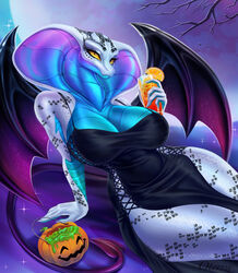  alcohol anthro beverage big_breasts breasts clothing cosplay dress female food fruit gradient_body hi_res narrowed_eyes night non-mammal_breasts otorize plant pumpkin reptile scales scalie snake snake_hood solo tail teal_body teal_scales turquoise_body white_body white_scales wings yellow_eyes 