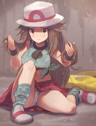  bag blush breasts brown_eyes brown_hair female full_body hand_in_own_hair hat leaf_(pokemon) looking_at_viewer midriff navel panties pantyshot pokemon pokemon_frlg red_skirt shirt sitting skirt socks solo spring2013 tied_shirt underwear wet wet_clothes wet_shirt white_panties 