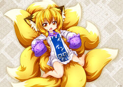  abstract_background aged_down animal_humanoid barefoot biped blonde_hair breasts canid canid_humanoid canine canine_humanoid clothed clothing colored digital_media_(artwork) dipstick_ears dipstick_tail dress ear_markings eyelashes feet female fluffy fluffy_tail fox_humanoid fully_clothed fur hair hi_res humanoid inner_ear_fluff kazami_karasu light_body light_skin long_sleeves looking_at_viewer lying mammal mammal_humanoid markings monotone_hair multi_tail multicolored_body multicolored_ears multicolored_fur multicolored_tail on_back open_mouth oversized_clothing ran_yakumo shaded small_breasts solo tabard tail tail_markings tail_under_leg touhou tuft two_tone_ears two_tone_tail white_clothing white_dress yellow_body yellow_eyes yellow_fur yellow_tail young 