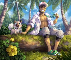  1boy alt_text arm_support artsy-theo baseball_cap closed_eyes cloud commentary dark-skinned_male dark_skin day facial_hair flower goatee green_footwear grey_pants grin hand_up hat holding holding_removed_eyewear jewelry kukui_(pokemon) lab_coat male_focus moss navel outdoors palm_tree pants pokemon pokemon_(creature) pokemon_sm ring rockruff shoes sitting sky smile teeth tree unworn_eyewear white_headwear yellow_flower 