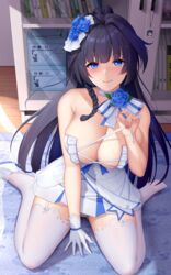  arm_between_legs black_hair blue_eyes blue_flower blue_rose blush bookshelf braid breasts choker cleavage closed_mouth commentary_request curtains dress female flower gloves hair_flower hair_ornament high_heels highres honkai_(series) honkai_impact_3rd indoors large_breasts long_hair looking_at_viewer lrh0123 raiden_mei raiden_mei_(valkyrie_bladestrike) rose rug sitting smile solo strap_pull sunlight thighhighs wariza white_choker white_dress white_footwear white_gloves white_thighhighs wooden_floor 