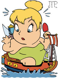  2020 blonde_eyebrows blonde_hair blue_eyes boat breasts clothed clothing english_description eyebrows fairy female food hair hi_res humanoid insect_wings juanpadraws lips looking_down not_furry obese overweight peter_pan popsicle red_lips riding ship signature simple_background sitting solo sweatdrop_(iconography) tinker_bell_(disney) vehicle water watercraft white_background wings 