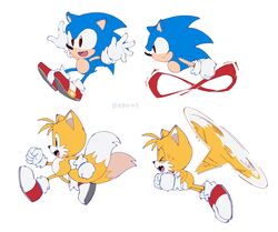  2boys :d bad_id bad_twitter_id closed_eyes full_body furry furry_male gloves highres male_focus multiple_boys multiple_tails multiple_views oerba_yun_fang open_mouth re30103 running shoes simple_background smile sneakers sonic_(series) sonic_the_hedgehog sonic_the_hedgehog_(classic) super_peel_out sweat tail tails_(sonic) two_tails wheel_o_feet white_background white_gloves 