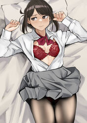  absurdres bed black_hair black_pantyhose blush bow bowtie bra breasts brown_eyes douki-chan_(douki-chan) female ganbare_douki-chan grey_skirt highres lingerie long_sleeves lying medium_hair miru_tights on_back on_bed open_clothes panties panties_under_pantyhose pantyhose pupi_(rain_prophet) red_bow red_bowtie red_bra shirt skirt solo underwear white_shirt 