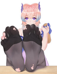  black_pantyhose blue_eyes blue_horns blunt_bangs bow-shaped_hair chinese_commentary commentary_request feet feet_on_table feet_up female foot_focus genshin_impact gradient_hair hand_up highres holding holding_shoes horns looking_at_viewer multicolored_hair no_shoes pantyhose pink_hair purple_eyes sandals sangonomiya_kokomi shoes simple_background sitting smile soles solo thick_eyebrows toes torn_clothes torn_pantyhose two-tone_hair unworn_shoes wd_(1106592840) white_background 