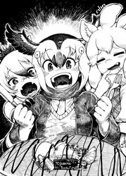  +_+ 3girls aardwolf_(kemono_friends) animal_ears atlantic_puffin_(kemono_friends) bare_shoulders bird_wings cloud drooling elbow_gloves fangs finger_to_mouth food fork fur_collar furrowed_brow gloves greyscale hair_between_eyes hand_on_another&#039;s_shoulder hand_up hands_up handsdsds happy head_wings highres holding holding_behind_back holding_fork holding_knife jacket kemono_friends knife lion_ears long_hair long_sleeves monochrome multicolored_hair multiple_girls necktie oerba_yun_fang open_mouth scarf shirt skin_fangs sleeveless sleeveless_shirt sweater_vest upper_body white_lion_(kemono_friends) wings 