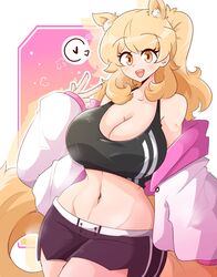  animal_ear_fluff animal_ears arknights ashy_(dankestsin) black_shorts black_sports_bra blemishine_(arknights) blonde_hair breasts cleavage commentary crop_top english_commentary female heart highres horse_ears horse_tail jacket large_breasts linea_alba long_hair looking_at_viewer midriff navel off_shoulder open_clothes open_jacket open_mouth ponytail short_shorts shorts solo spoken_heart sports_bra striped striped_sports_bra tail underwear vertical-striped_sports_bra w white_jacket yellow_eyes 