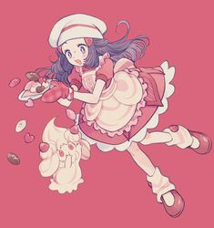  alcremie alcremie_(strawberry_sweet) apron blush commentary_request dawn_(palentine&#039;s_2021)_(pokemon) dawn_(pokemon) dress eyelashes female floating_hair frills grey_eyes hair_ornament hairclip hat highres holding holding_plate knees komasawa_(fmn-ppp) leg_warmers long_hair mittens official_alternate_costume open_mouth plate pokemon pokemon_(creature) pokemon_masters_ex red_background red_dress red_footwear red_mittens shoes short_sleeves simple_background sweatdrop tripping white_headwear 