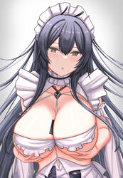  absurdres azur_lane bare_shoulders between_breasts black_hair breast_lift breasts elina_(eri15) female green_eyes hair_between_eyes highres huge_breasts indomitable_(azur_lane) indomitable_(ms._motivationless_maid)_(azur_lane) long_hair looking_at_viewer maid_headdress official_alternate_costume simple_background solo upper_body very_long_hair white_background 