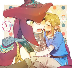  ! 2boys armor belt black_belt blonde_hair blush border brown_pants champion&#039;s_tunic_(zelda) collarbone colored_skin fins fish_boy highres interspecies jewelry kissing kissing_cheek link long_hair long_sleeves male_focus monster_boy multiple_boys pants pointy_ears red_skin sharp_teeth shiny_clothes shoulder_armor sidon sitting smile spoken_exclamation_mark teeth the_legend_of_zelda the_legend_of_zelda:_breath_of_the_wild ttanuu. upper_teeth_only white_border yaoi yellow_eyes zora 