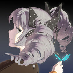  black_background blue_butterfly bow bronya_zaychik bronya_zaychik_(wolf&#039;s_dawn) brown_jacket bug butterfly closed_mouth drill_hair female grey_eyes grey_hair hairbow highres honkai_(series) honkai_impact_3rd jacket long_sleeves looking_at_viewer looking_to_the_side rafaelaaa smile solo twin_drills 