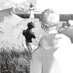  2boys 7enn asuka_ryou devilman devilman_crybaby from_behind fudou_akira grasslands greyscale highres lighthouse male_focus monochrome multiple_boys outdoors short_sleeves walking watch 