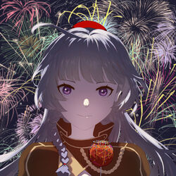  braid candy_apple closed_mouth female fireworks food highres honkai_(series) honkai_impact_3rd long_hair looking_at_viewer night night_sky ponytail purple_eyes purple_hair rafaelaaa raiden_mei raiden_mei_(valkyrie_bladestrike) sky smile solo 