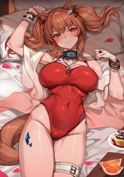  absurdres angelina_(arknights) angelina_(summer_flower)_(arknights) animal_ears arknights black_collar blush breasts breasts_apart brown_hair cake casual_one-piece_swimsuit closed_mouth collar commentary covered_navel cowboy_shot earpiece female food fox_ears fox_girl fox_tail fruit hair_ribbon highleg highleg_swimsuit highres infection_monitor_(arknights) korean_commentary large_breasts long_hair looking_at_viewer lying material_growth molyb official_alternate_costume on_back one-piece_swimsuit orange_(fruit) orange_slice oripathy_lesion_(arknights) pillow red_eyes red_one-piece_swimsuit red_ribbon ribbon smile solo swimsuit tail thigh_strap thighs twintails 