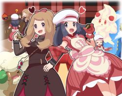  1boy 2girls :d ? absurdres alcremie alcremie_(strawberry_sweet) apron bad_id bad_pixiv_id black_hair blush bow brown_hair buttons commentary_request cupboard dawn_(palentine&#039;s_2021)_(pokemon) dawn_(pokemon) dress eyelashes grey_eyes hairbow hand_on_own_hip hand_up hat heart highres holding long_hair mittens multiple_girls o_o official_alternate_costume open_mouth outline pokemon pokemon_(creature) pokemon_dppt pokemon_masters_ex red_bow red_dress red_mittens rotom rotom_(heat) saon101 serena_(palentine&#039;s_2021)_(pokemon) serena_(pokemon) smile standing sunglasses tongue volkner_(pokemon) whimsicott white_headwear 