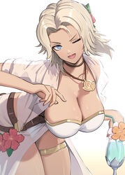  ;d absurdres bikini blonde_hair blue_eyes breasts catherine_(fire_emblem) catherine_(summer)_(fire_emblem) cleavage commentary_request dark_skin drink female fire_emblem fire_emblem:_three_houses fire_emblem_heroes flower gonzarez hair_flower hair_ornament highres large_breasts leaning_forward official_alternate_costume one_eye_closed open_clothes open_mouth ponytail see-through smile solo swimsuit thighs white_bikini 