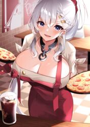  absurdres apron azur_lane belfast_(azur_lane) belfast_(piping-hot_perfection)_(azur_lane) blue_eyes blush breasts chains cleavage collar collarbone cup female food hair_ornament hairclip highres large_breasts long_hair looking_at_viewer metal_collar official_alternate_costume open_mouth parted_lips pizza ponytail red_apron short_sleeves smile soda solo thighs tray white_hair yamaha_tsui 