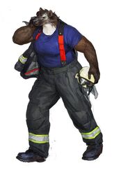  2022 anthro armor bottomwear brown_body brown_fur brown_hair cettus clothed clothing dressing ear_piercing eyewear female firefighter footwear fur goggles gulonine hair headgear helmet hi_res hilde_albrecht holding_armor holding_headgear holding_helmet holding_object jacket mammal mustelid musteline pants piercing shirt shoes simple_background solo stocky suspenders topwear walking white_background white_body white_fur wolverine 