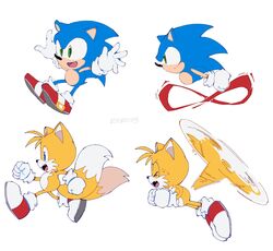  2boys :d bad_id bad_twitter_id blue_eyes closed_eyes full_body furry furry_male gloves green_eyes highres multiple_boys multiple_tails multiple_views oerba_yun_fang open_mouth re30103 running shoes simple_background smile sneakers sonic_(series) sonic_the_hedgehog sonic_the_hedgehog_(classic) super_peel_out sweat tail tails_(sonic) two_tails wheel_o_feet white_background white_gloves 