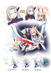  3girls animal_ears ascot axis_(gundam) ayanami_(azur_lane) ayanami_(retrofit)_(azur_lane) azur_lane blue_eyes blue_sailor_collar brown_hair char&#039;s_counterattack commentary_request destiny_gundam forehead fox_ears fox_girl fox_tail gundam gundam_seed gundam_seed_destiny headgear high_ponytail highres japanese_clothes kaga_(azur_lane) kimono kitsune kyuubi legend_gundam manjuu_(azur_lane) mecha_musume mechanical_gloves multiple_girls multiple_tails new_orleans_(azur_lane) nu_gundam orange_eyes parody platinum_blonde_hair ponytail providence_gundam retrofit_(azur_lane) sailor_collar smile steed_(steed_enterprise) sunrise_stance sword tail trait_connection translation_request visible_ears weapon white_kimono white_tail yellow_ascot 