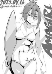  abs amagiri_(kancolle) asava_(hutaitenn) bikini character_name cowboy_shot dated female glasses greyscale highres holding holding_clothes kantai_collection leaning_forward monochrome muscular muscular_female o-ring o-ring_bikini o-ring_top one-hour_drawing_challenge sidelocks solo standing surfboard swimsuit twitter_username 