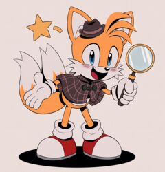  2023 5_fingers absurd_res anthro blue_eyes blush canid canine clothing dipstick_tail fingers footwear fox fur gaminggoru gloves handwear hat headgear headwear hi_res looking_at_viewer magnifying_glass male mammal markings open_mouth open_smile sega signature simple_background smile solo sonic_the_hedgehog_(series) tail tail_markings tails the_murder_of_sonic_the_hedgehog white_body white_fur yellow_body yellow_fur 