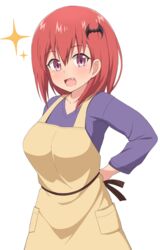  :d aged_up apron bad_id bad_twitter_id breasts commentary demon_girl female gabriel_dropout hair_ornament housewife large_breasts long_sleeves medium_hair nyaroon oerba_yun_fang open_mouth pink_eyes purple_shirt red_hair satanichia_kurumizawa_mcdowell shirt simple_background smile sparkle white_background yellow_apron 