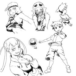  1boy 2girls bandana bandana_over_mouth baseball_cap breasts cleavage covered_mouth crossover dated greyscale grin hat jacket long_hair long_sleeves looking_at_viewer medarot medawatch medium_hair monochrome multiple_girls multiple_views navel open_mouth pokemon pokemon_masters_ex pokemon_sm punk_girl_(pokemon) sharp_teeth shirt shoes short_hair short_sleeves shorts signature simple_background skull-shaped_hat smile sneakers standing tank_top team_skull_grunt team_skull_uniform teeth tenryou_ikki tsukudani_(coke-buta) underboob upper_teeth_only watch white_background wristband wristwatch 