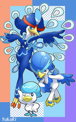  anthro avian beak blue_body blue_eyes blue_feathers blue_hair evolutionary_family feathers feral generation_9_pokemon group hair hi_res iris looking_at_viewer multicolored_body multicolored_feathers nintendo nude one_eye_closed open_beak open_mouth pink_tongue pokemon pokemon_(species) pose pupils quaquaval quaxly quaxwell tongue trio white_body white_feathers white_pupils yellow_beak yukari_(artist) 