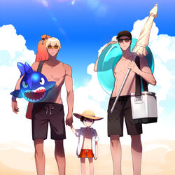  3boys akai_shuuichi amuro_tooru bare_pectorals black_hair black_shorts blonde_hair blue_eyes blue_sky brown_hair brown_headwear closed_mouth closed_umbrella cloud collarbone commentary_request cooler day edogawa_conan glasses green_eyes hair_between_eyes hat height_difference holding holding_hands holding_swim_ring holding_umbrella inflatable_shark inflatable_toy innertube kanamura_ren lolicon looking_at_viewer male_focus male_swimwear meitantei_conan multiple_boys no_nipples outdoors parasol pectorals red_shorts short_hair shorts sky standing sunglasses sunlight swim_ring swim_trunks toned toned_male umbrella 