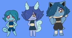  2020 :&gt; anthro anthrofied arms_bent athletic_wear bangs barefoot belly bent_arm bent_wrist big_eyes big_hands black_bottomwear black_clothing black_crop_top black_inner_ear black_shirt black_shorts black_topwear blastoise blue_background blue_body blue_bottomwear blue_clothing blue_crop_top blue_hair blue_shirt blue_shorts blue_topwear blush blush_stickers bottomwear breasts brown_eyes cannon chibi closed_smile clothed clothing crop_top curled_tail digital_media_(artwork) evolutionary_family extended_arm eyebrow_through_hair eyebrows eyelashes eyelashes_through_hair eyeshadow facial_markings featureless_feet featureless_hands featureless_legs featureless_limbs feet female fighting_pose fluffy fluffy_tail generation_1_pokemon green_hair grin group hair hair_over_eye half-closed_eyes hand_on_hip hands_on_hips head_markings head_wings hi_res leg_wraps looking_at_viewer makeup markings midriff mouth_closed multicolored_body mythrica narrowed_eyes nintendo non-mammal_breasts one_eye_obstructed open_mouth open_smile oversized_bottomwear oversized_clothing oversized_shorts parted_bangs pink_eyes pokemon pokemon_(species) pokemorph pose prick_ears purple_blush purple_body purple_cheeks purple_eyelids purple_eyes purple_eyeshadow purple_hair ranged_weapon reptile scalie shell shirt short_hair shorts shoulder_cannon side_bangs simple_background slit_nostrils small_breasts smile smiling_at_viewer snout squirtle standing straight_legs striped_belly stripes tail tan_belly tan_body teal_bottomwear teal_clothing teal_crop_top teal_hair teal_shirt teal_shorts teal_topwear teeth toothy_grin topwear translucent translucent_hair trio turtle two_tone_body wartortle weapon white_leg_wraps white_wraps wide_nose wide_snout wide_stance wings wraps 