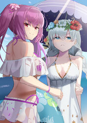  2girls absurdres anastasia_(fate) angry arms_behind_back bikini blue_eyes braid breasts buoy cleavage dress fate/grand_order fate_(series) frilled_bikini frills frown grabbing_own_arm hair_ornament head_wreath highres holding looking_at_viewer looking_back medium_breasts motukan multiple_girls outdoors purple_hair red_eyes scathach_(fate) scathach_skadi_(fate) scathach_skadi_(swimsuit_ruler)_(fate) see-through see-through_swimsuit smile swimsuit twin_braids twintails umbrella white_dress white_hair 