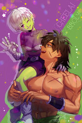  1boy black_hair bodysuit boots bracelet breasts broly_(dragon_ball_super) character_name cheelai collarbone colored_skin commentary dragon_ball dragon_ball_super dragon_ball_super_broly female gloves green_skin highres jewelry looking_at_another looking_at_viewer medium_breasts muscular ok_sign one_eye_closed purple_eyes scar scar_on_cheek scar_on_chest scar_on_face signature sitting_on_shoulder smile star_(symbol) tarutobi topless_male twitter_username white_footwear white_gloves white_hair 