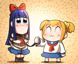  2girls :3 ^_^ bkub_(style) blue_skirt blunt_bangs blush bondage bondage bondage bound chibi chibi_only closed_eyes femdom full_body haneru highres leash multiple_girls orange_hair pipimi poptepipic popuko purple_eyes purple_hair rope school_uniform serafuku shibari_over_clothes shirt skirt standing white_shirt yuri 