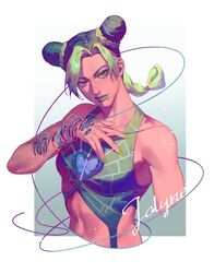  bad_id bad_twitter_id birthmark braid breasts character_name commentary_request double_bun female green_eyes green_hair green_lips hair_bun halterneck highres joestar_birthmark jojo_no_kimyou_na_bouken kujo_jolyne medium_breasts multicolored_hair single_braid solo stone_ocean string toned two-tone_hair upper_body zoo_(oukakumaku) 