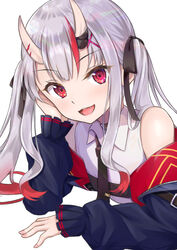  :d absurdres black_necktie black_ribbon collared_shirt female gradient_hair grey_hair hair_ornament hair_ribbon head_rest highres hololive horns long_hair long_sleeves looking_at_viewer multicolored_hair nakiri_ayame nakiri_ayame_(streetwear) necktie oerba_yun_fang red_eyes red_hair rgrey00 ribbon shirt simple_background skin-covered_horns sleeveless sleeveless_shirt sleeves_past_wrists smile solo streaked_hair upper_body virtual_youtuber white_background white_shirt wing_collar x_hair_ornament 