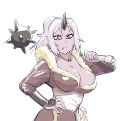  black_horns breasts cleavage closed_mouth colored_skin female highres holding_mace horns large_breasts long_hair looking_at_viewer mace oni oni_horns over_shoulder pointy_ears ponytail purple_eyes purple_hair purple_skin shion_(tensei_shitara_slime_datta_ken) simple_background single_horn slit_pupils solo spiked_mace spikes standing tensei_shitara_slime_datta_ken ueyama_michirou upper_body weapon weapon_over_shoulder white_background 