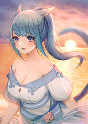  animal_ears bad_id bad_pixiv_id blue_hair breasts cat_ears cat_girl cat_tail cleavage commentary_request dress facial_mark female final_fantasy final_fantasy_xiv highres long_hair looking_at_viewer medium_breasts miqo&#039;te mochimochi_dando ocean off-shoulder_dress off_shoulder ponytail purple_eyes smile sunset tail warrior_of_light_(ff14) whisker_markings white_dress 