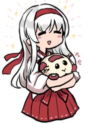  1other blush_stickers closed_eyes crossover female hakama hakama_skirt headband japanese_clothes kantai_collection long_hair lowres molcar open_mouth pui_pui_molcar red_hakama red_headband rose_(pui_pui_molcar) shoukaku_(kancolle) simple_background skirt smile tasuki terrajin white_background white_hair 