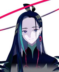  1boy black_hair blue_eyes blue_hair chinese_clothes closed_mouth commentary_request earrings fate/grand_order fate_(series) gloves halo highres jewelry k500yen light_smile long_hair long_sleeves looking_at_viewer male_focus multicolored_eyes multicolored_hair pale_skin red_eyes simple_background smile solo taisui_xingjun_(fate) upper_body white_background 