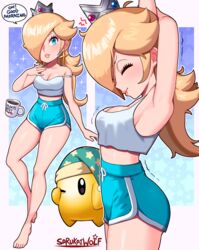  absurdres arms_up bare_legs barefoot blonde_hair blue_eyes blue_shorts breasts cleavage cowboy_shot crop_top crown dolphin_shorts english_text eyelashes female full_body hair_over_one_eye high-waist_shorts highres legs luma_(mario) mario_(series) midriff mini_crown one_eye_closed rosalina sarukaiwolf short_shorts shorts strap_slip stretching tank_top toes 