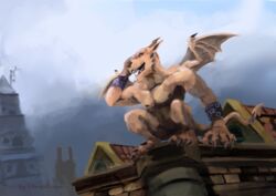  crouching fantasy fog gargoyle high_place horn looking_down loque male rooftop town 