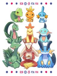  artist_name blaziken blue_eyes combusken commentary crossed_arms furry grovyle highres looking_at_viewer marshtomp mudkip orange_eyes pokemon pokemon_(creature) saki_pokeoekaki sceptile simple_background sitting slit_pupils swampert torchic treecko twitter_username unown unown_e unown_h unown_n unown_o unownglyphics white_background yellow_eyes 