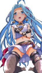  ahoge belt blue_eyes blue_hair blush braid breasts collar earrings female fishnet_thighhighs fishnets forehead gem granblue_fantasy grey_thighhighs heart heart_earrings highres jewelry kneeling long_hair looking_at_viewer lyria_(born_to_be_snowdos)_(granblue_fantasy) lyria_(granblue_fantasy) midriff miniskirt navel official_alternate_costume oni_b open_mouth parted_bangs shirt short_sleeves simple_background skirt small_breasts solo sweat thighhighs thighs tied_shirt very_long_hair white_background white_shirt white_skirt 