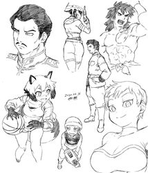  3boys 3girls abs animal_ears animification ass ball basketball basketball_(object) brand_new_animal breasts broly_(dragon_ball_super) cheelai closed_mouth commentary dated dragon_ball dragon_ball_super dragon_ball_super_broly facial_hair furry furry_female greyscale gundam hand_on_own_hip jacket kagemori_michiru lemo_(dragon_ball) looking_at_viewer mobile_suit_gundam monochrome moustache multiple_boys multiple_girls open_mouth raccoon_ears raccoon_girl ramba_ral short_hair signature simple_background smile standing star_wars star_wars:_the_rise_of_skywalker tail topless_male tsukudani_(coke-buta) white_background zorii_bliss 